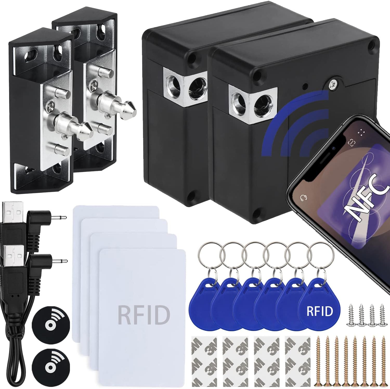 RFID Cabinet Lock, 2 Pack RFID Drawer Electronic Locks Support Phone NFC Unlocking for Locking Wooden Hidden Medicine Knife Liquors Cabinet Drawer to Prevent Theft or Children from Touching