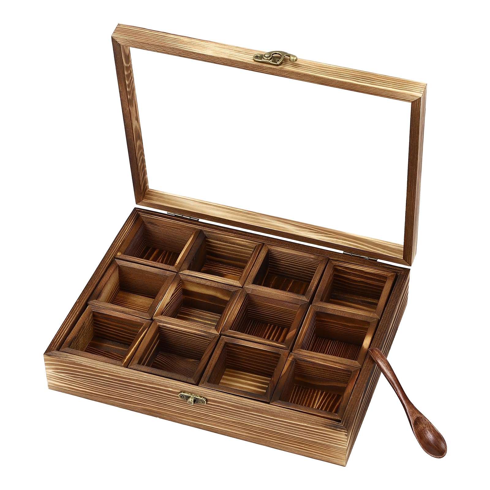 Repomanda Transparent Wooden Spice Box With 12 Containers, 12 Removable Compartments And 1 Spoon Spice Storage Container, For Seasonings & Herbs