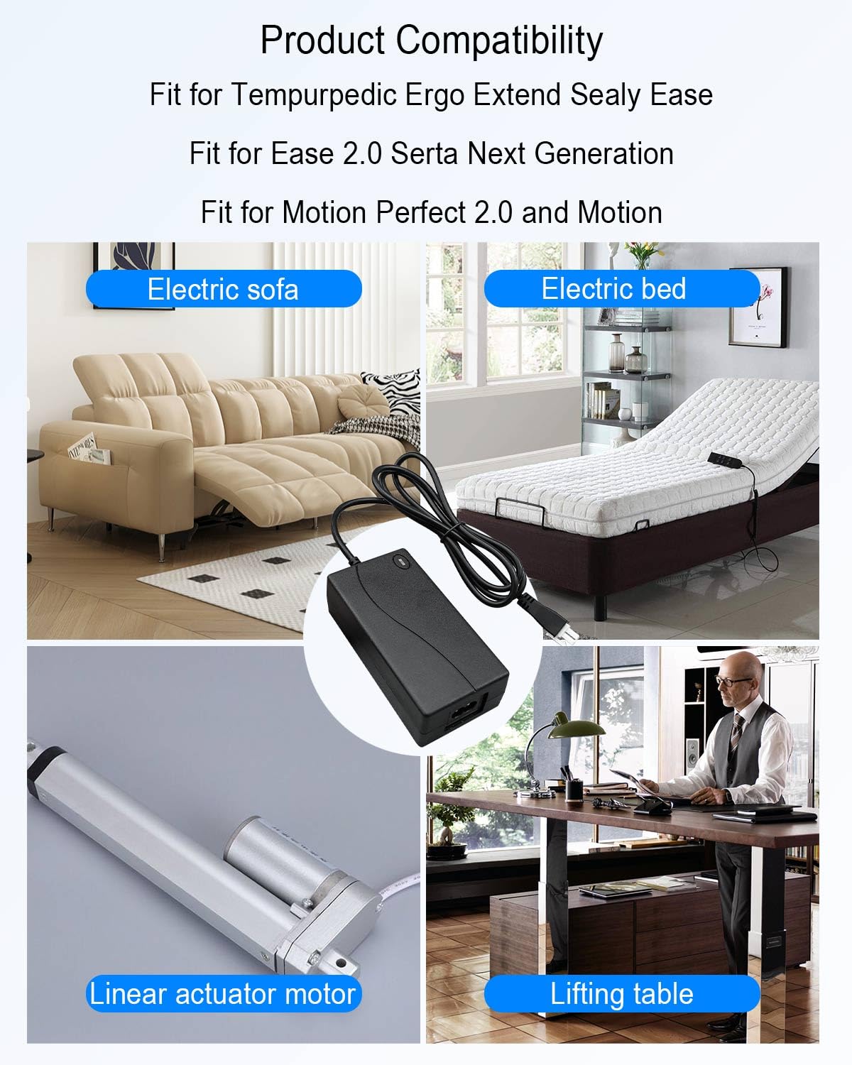 ULZOZN Electric Bed Adapter, 29V 2A Power Kit, DC Barrel Connector, Fit for Tempurpedic Ergo Extend Sealy Serta, CE Certified