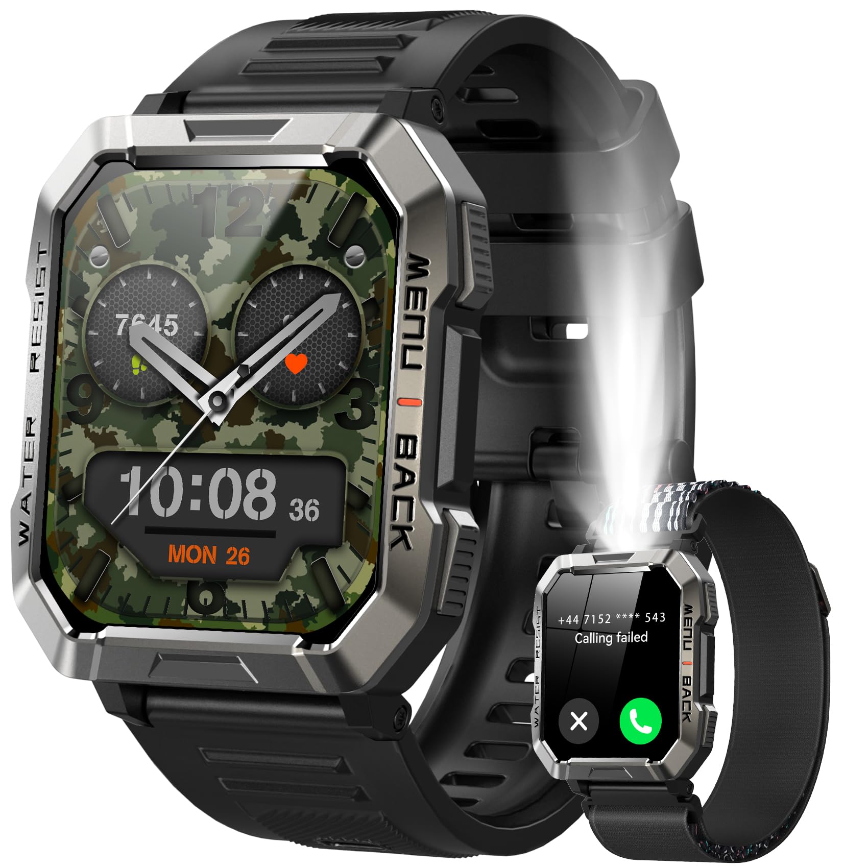 2025 New Militare SmartWatch Uomo(Rispondi/Effettua Chiamate), Fitness Tracker con Torcia/Bussola/900mAh Batteria /24H Cardiofrequenzimetro/Sonno/ SpO2/100+ Modalità Sport per Android IOS