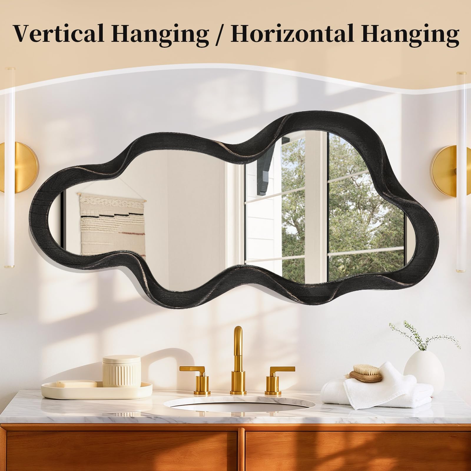Espejo de pared asimétrico con marco de madera de nube - Espejo irregular para dormitorio, sala de estar, tocador, entrada, pasillo, espejo de pared artístico decorativo