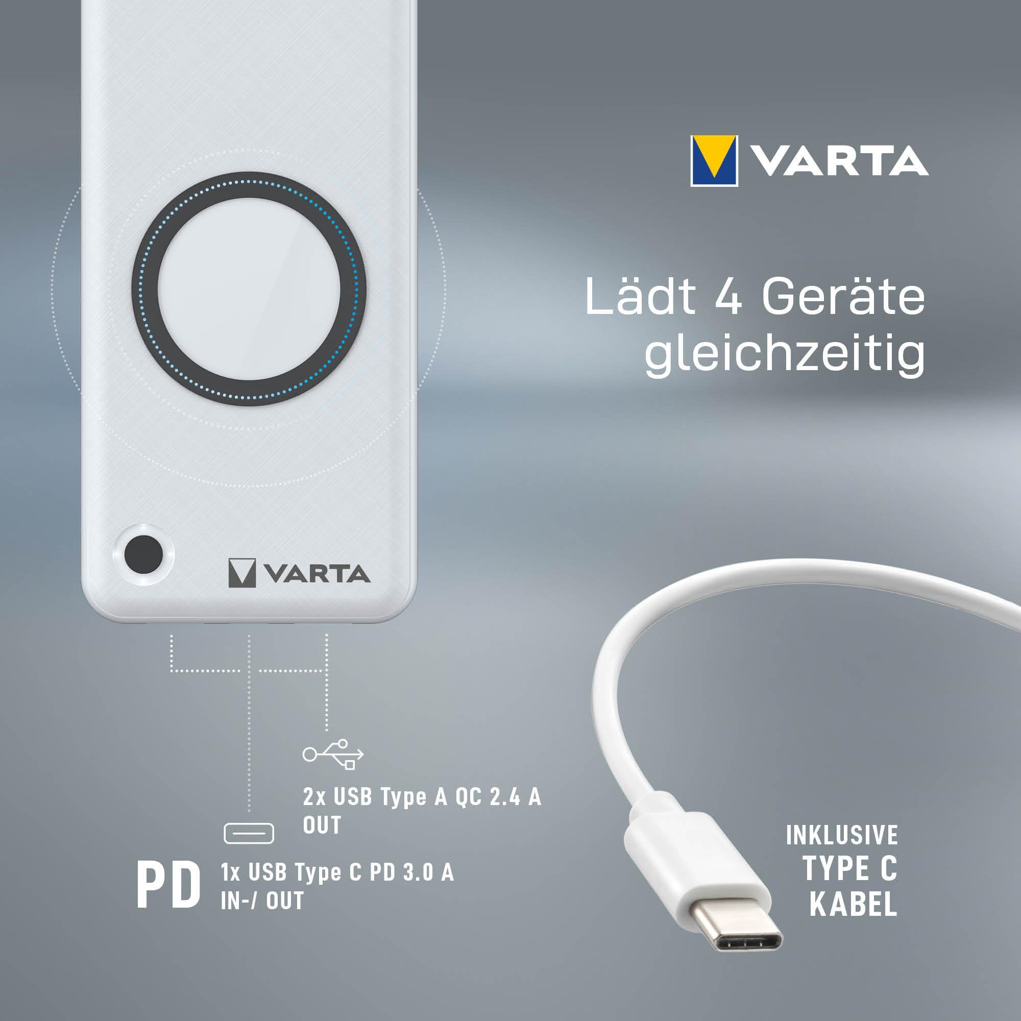 VARTA 57908, Batteria Esterna senza fili, Bianco, 15000 mAh, 160 x 79 x 19.5 mm | power bank 2 in 1 e caricatore wireless, Quick Charge, ricarica wireless, caricabatterie portatile per fino a 4 dispositivi