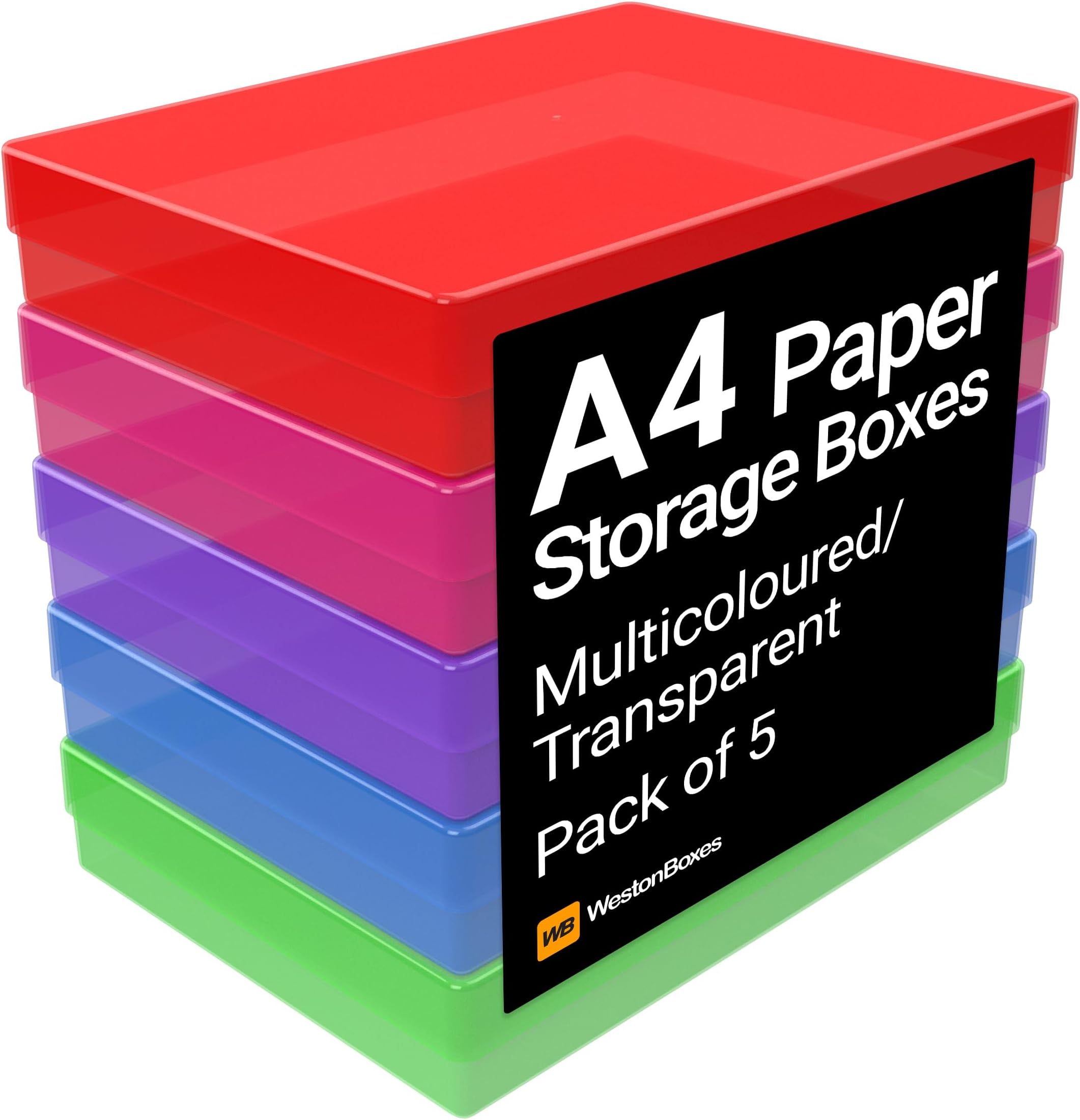 WestonBoxes A4 Colourful Transparent Plastic Craft Storage Boxes with Lids for Art Supplies, Paper and Card (Multicoloured / Transparent, Pack of 5)