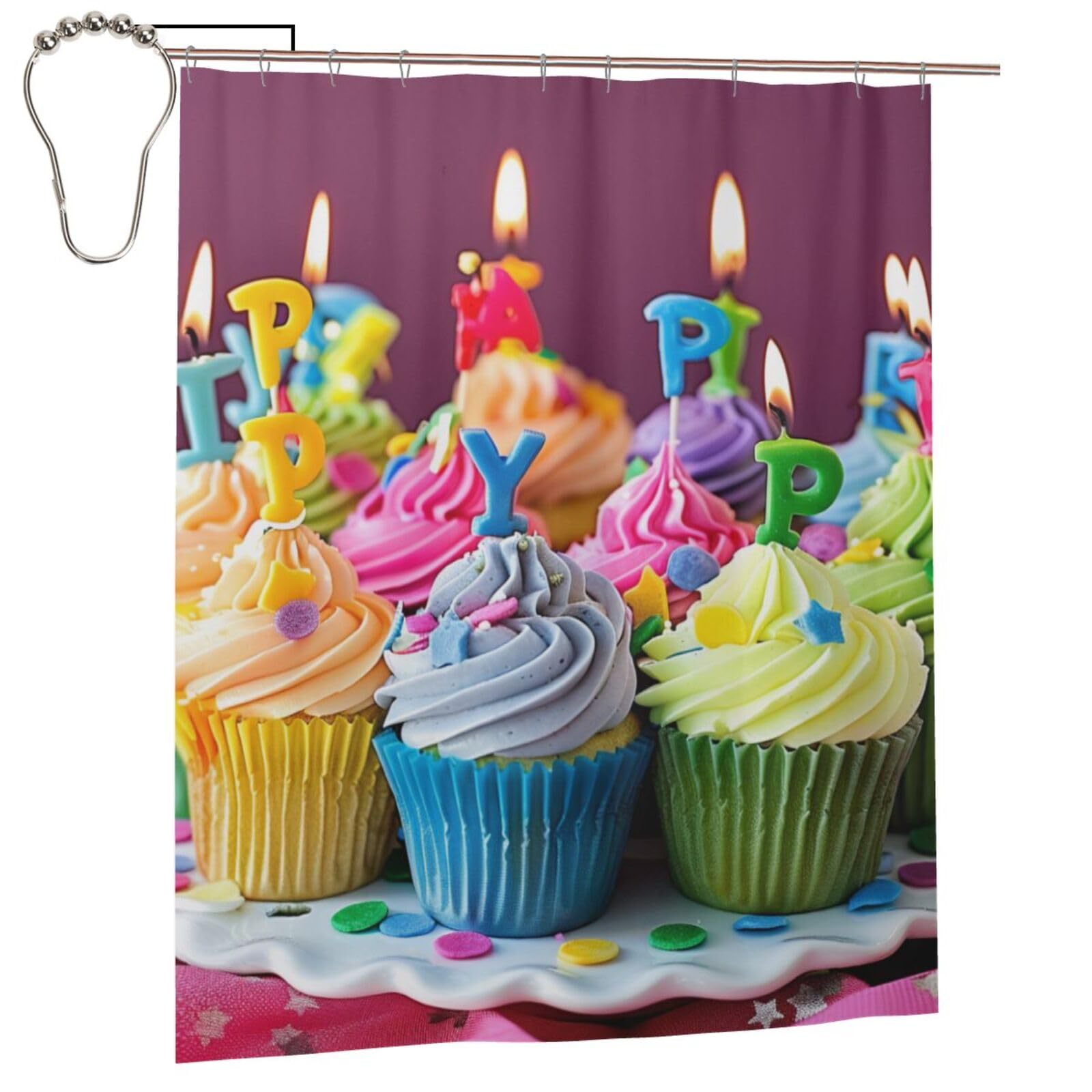 BWWHCCTI Colorful Happy Birthday Cupcakes Printed Shower Curtain With 12 Iron Hooks Opaque Quick Drying Waterproof Shower Curtains Sets For Bathroom 152x183 Cm