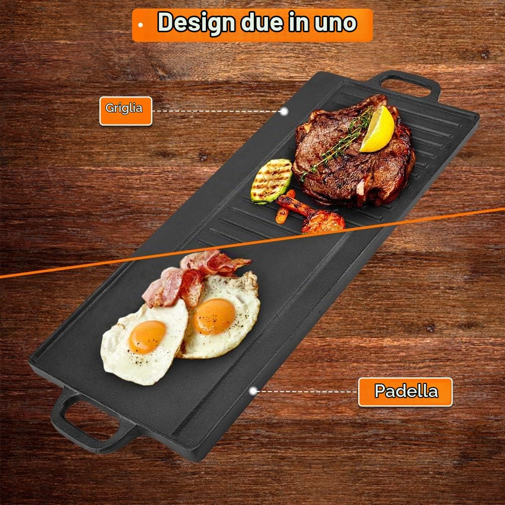 Bistecchiera in Ghisa Piastra Ghisa Barbecue Padella in ghisa antiaderente Barbecue a doppia faccia Piastra in ferro Padelle Griglia rettangolare con due manici Teglia da forno Bakeware