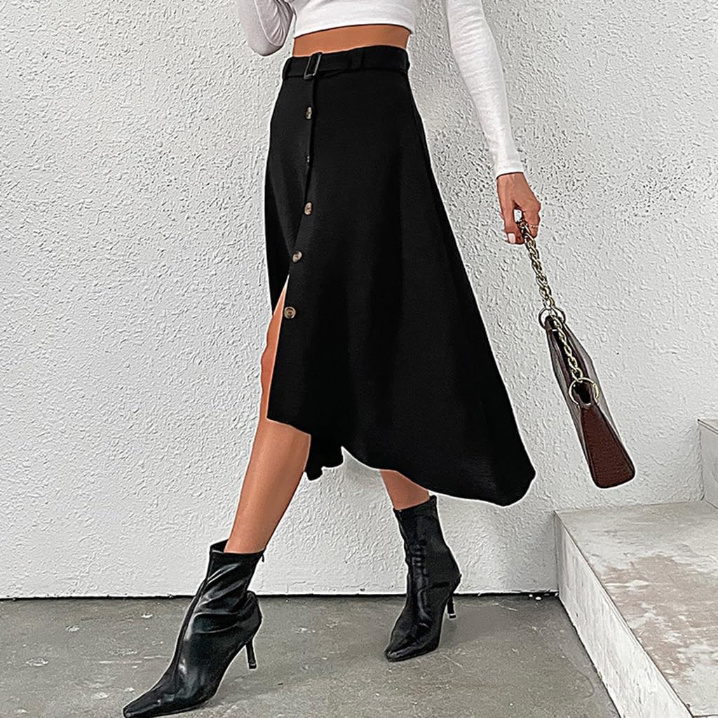 Las Mujeres de Cintura Alta Una Línea de Botones Delanteros Flowy Flare Midi Falda Vintage Solid Dobladillo Irregular Casual Faldas de Trabajo