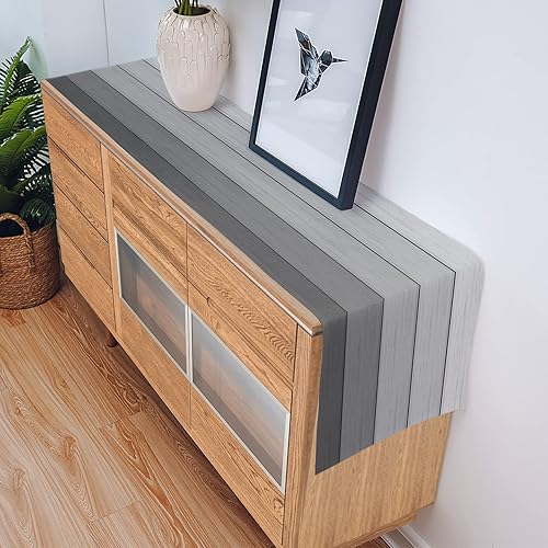 Miniatura 352 de Camino de mesa de algodón y lino estilo granja rústico retro, textura de madera de granero, color degradado marrón y gris, antideslizante,