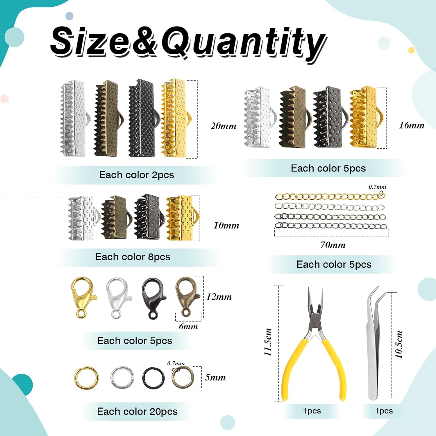TOAOB 182pcs Crimp Clamp Ends 10mm 16mm 20mm Bracelet Bookmark Crimp Clamp Cord End Fastener Clasps Mixed Colors Cord End Fastener Clasps with Tool for Leather Suede Jewelry Making