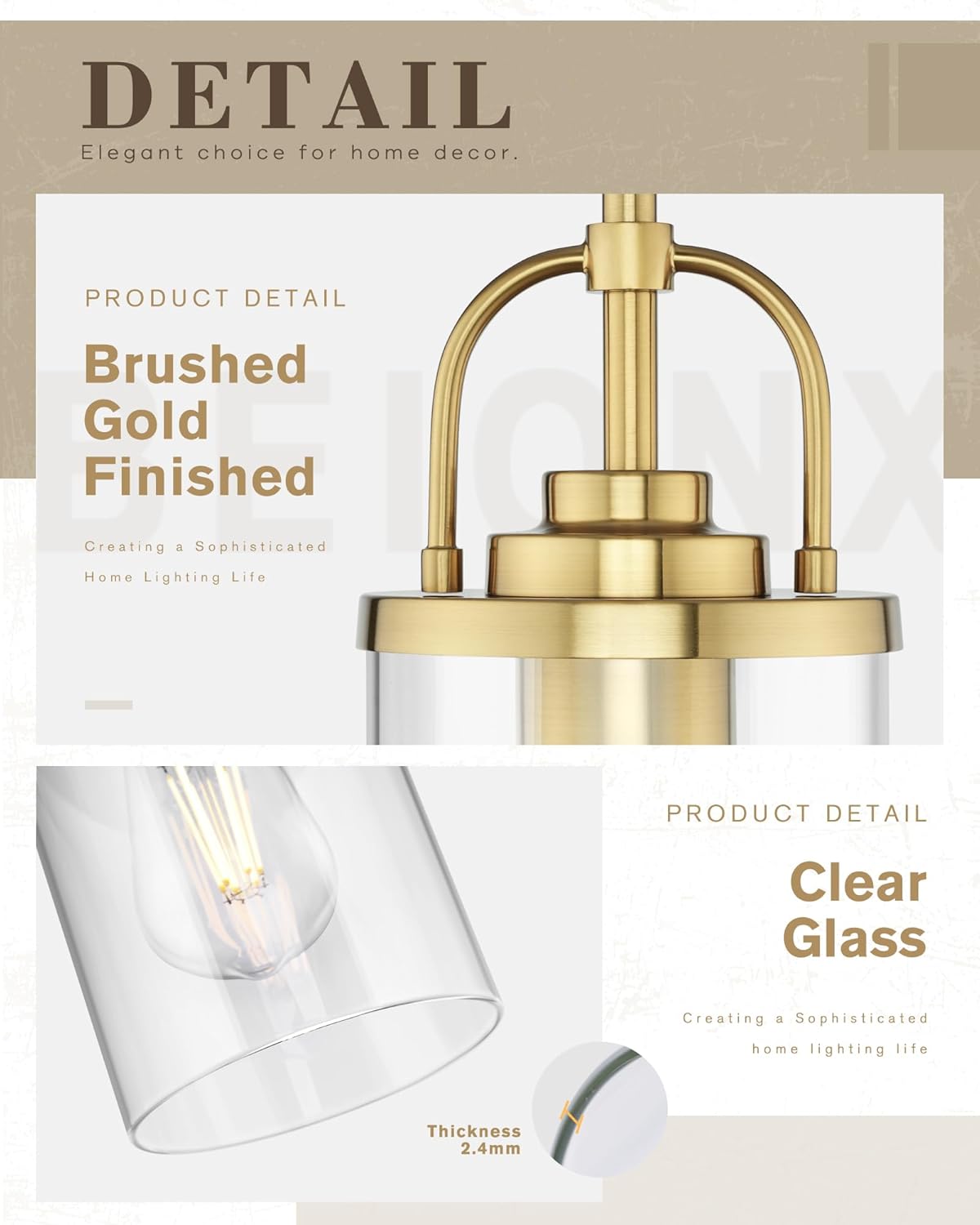 Beionxii Brushed Gold Pendant Lights Kitchen Island, Modern Kitchen Pendant Lighting Over Island, Hanging Light Fixture with Clear Glass and Rods for Sink, Dining Room, BX-PL05BG