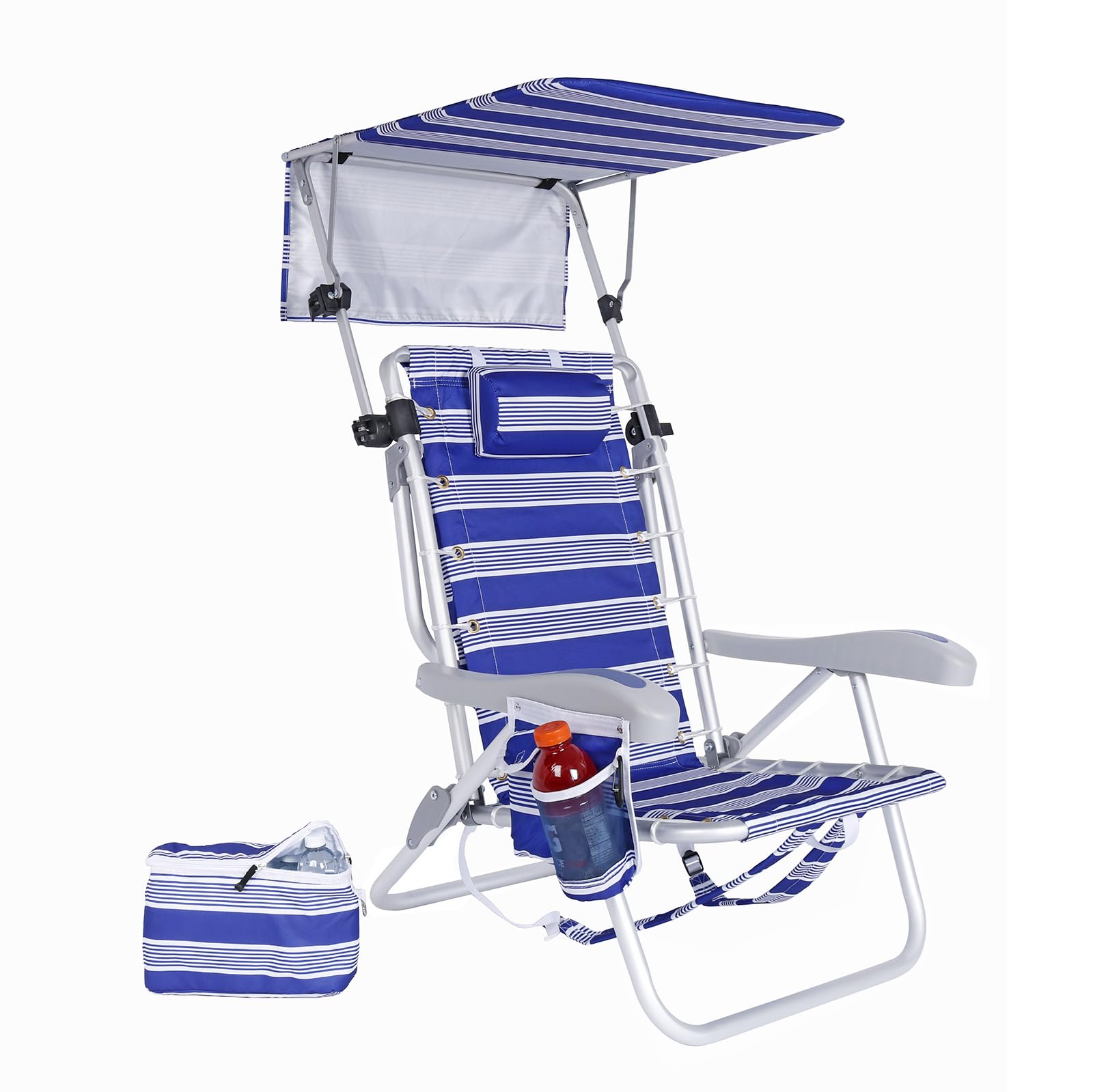 Ultimate Heavy Duty Aluminum Lace-Up Folding Backpack Beach Chair for Adults | Low Seat, Lay Flat, 5 Reclining Positions | Removable Insulated Cooler