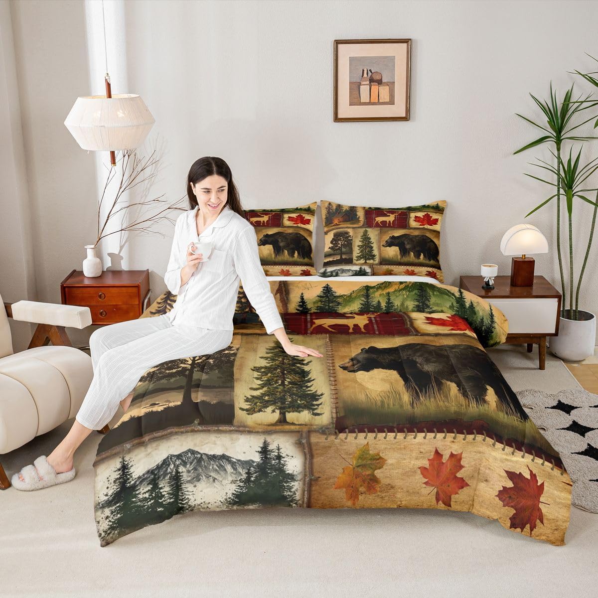 Rustic Farmhouse Bedding Comforter Sets Queen, Country Cabin Lodge Bedding Set, Hunting Bear Wildlife Comforter for Bedroom, Maple Leaves Duvet Insert, Woodland Rustic Bedding All Season, Red Brown - Image 4