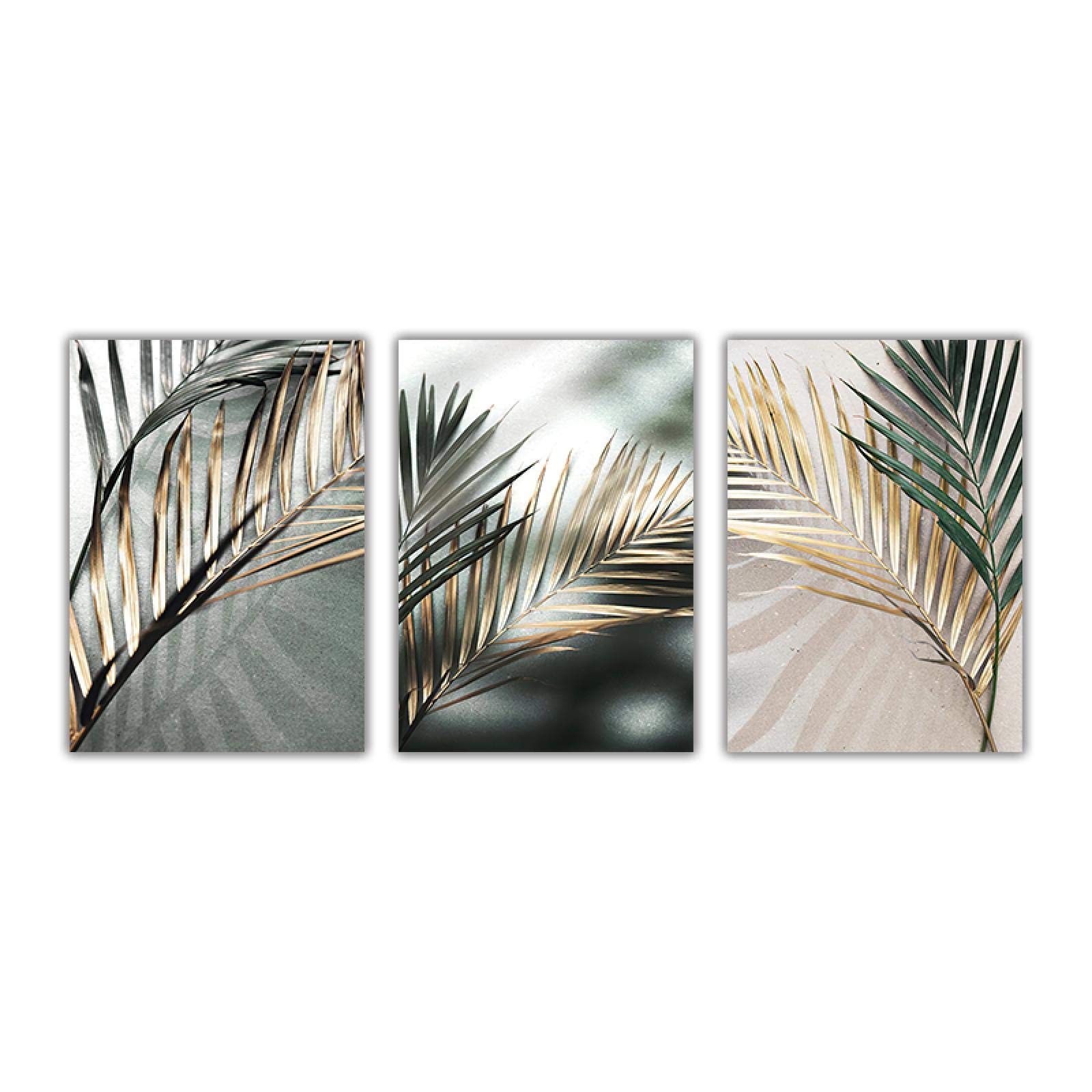 Nordic Wall Art Quadro Tela Foglia Palma Oro Stile Botanico Scandinavo 60x80cm (24x31in) Set 3 Pezzi Senza Cornice