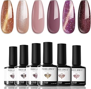 modelones Gel Nail Polish Set, 6 Colors Winter Nude Brown Gel Polish Glitter Burgundy Shiny Champagne Gold Magnetic Cat Eye Effect Sparkle Stunning Home Nail Art Kit Gift for Girl Women
