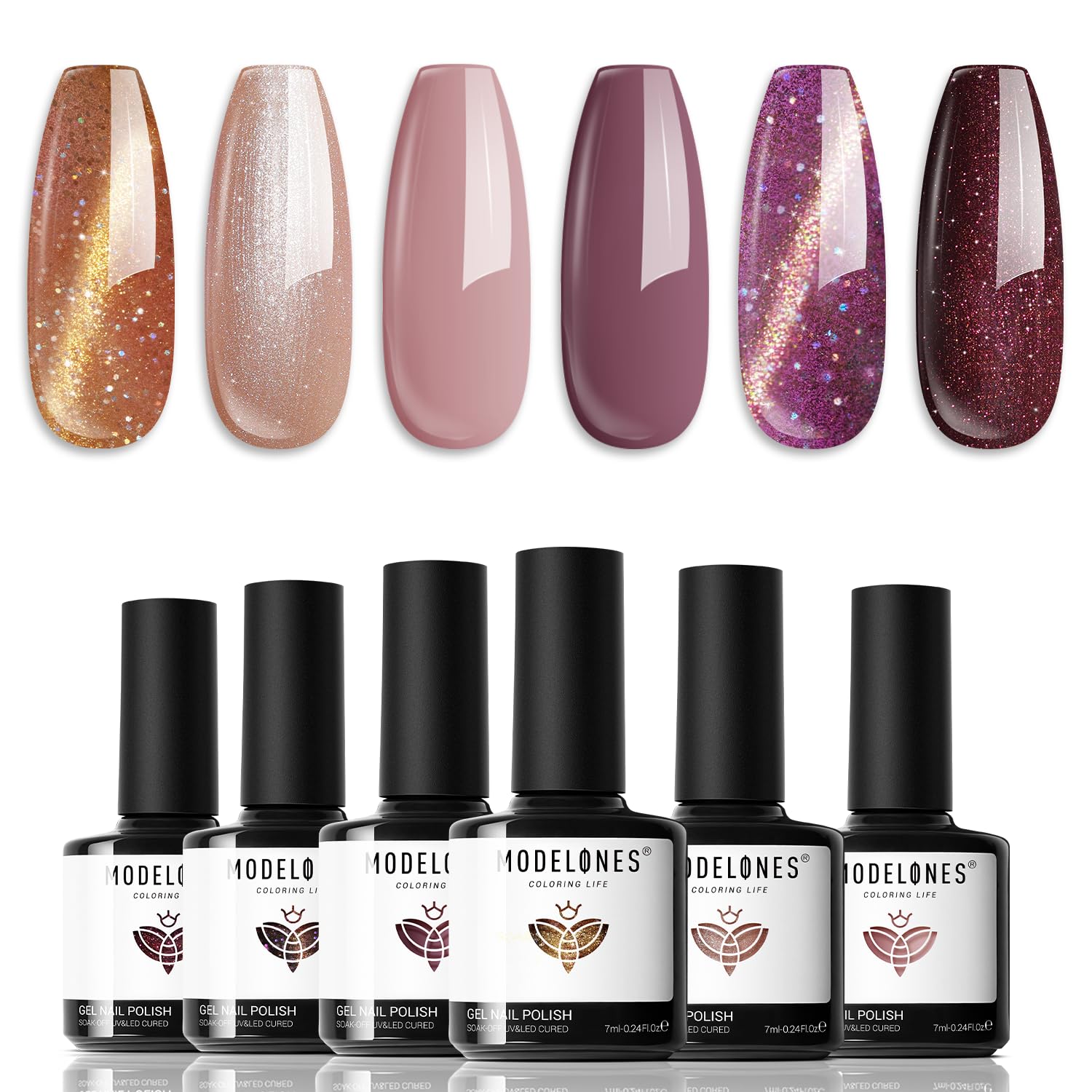 Gel Nail Polish Set, 6 Colors Winter Nude Brown Gel Polish Glitter Burgundy Shiny Champagne Gold Magnetic Cat Eye Effect Sparkle Stunning Home Nail Art Kit Gift for Girl Women