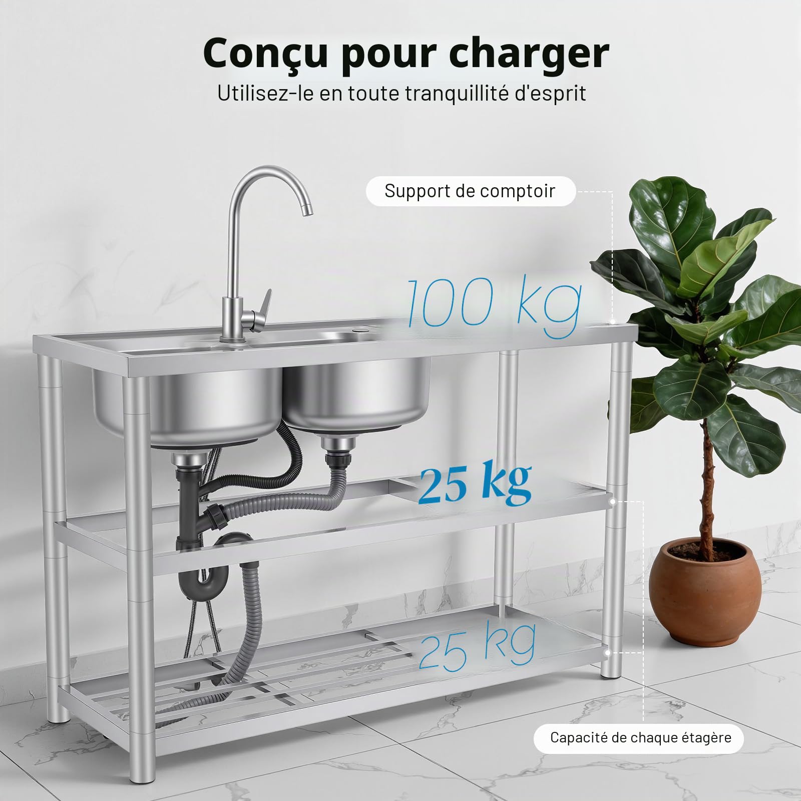 Évier en acier inoxydable - 120 x 45 x 80 cm - 2 bacs - Évier commercial avec robinet, tuyaux d'eau froide et chaude et 3 tuyaux de drainage pour extérieur, intérieur, cuisine, restaurant