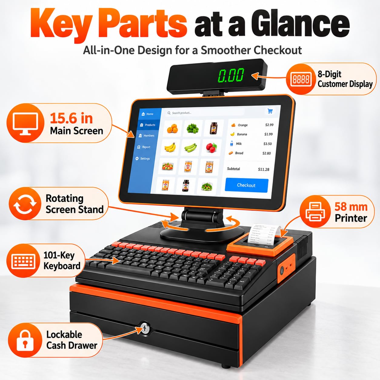 TsoLay Terminal De Punto De Venta Windows Cash Register, Pantalla Táctil De 15,6", Procesador I7, Cajón Portamonedas, 8 GB De Ram, 256 GB De Almacenamiento, Windows 10 para Blue