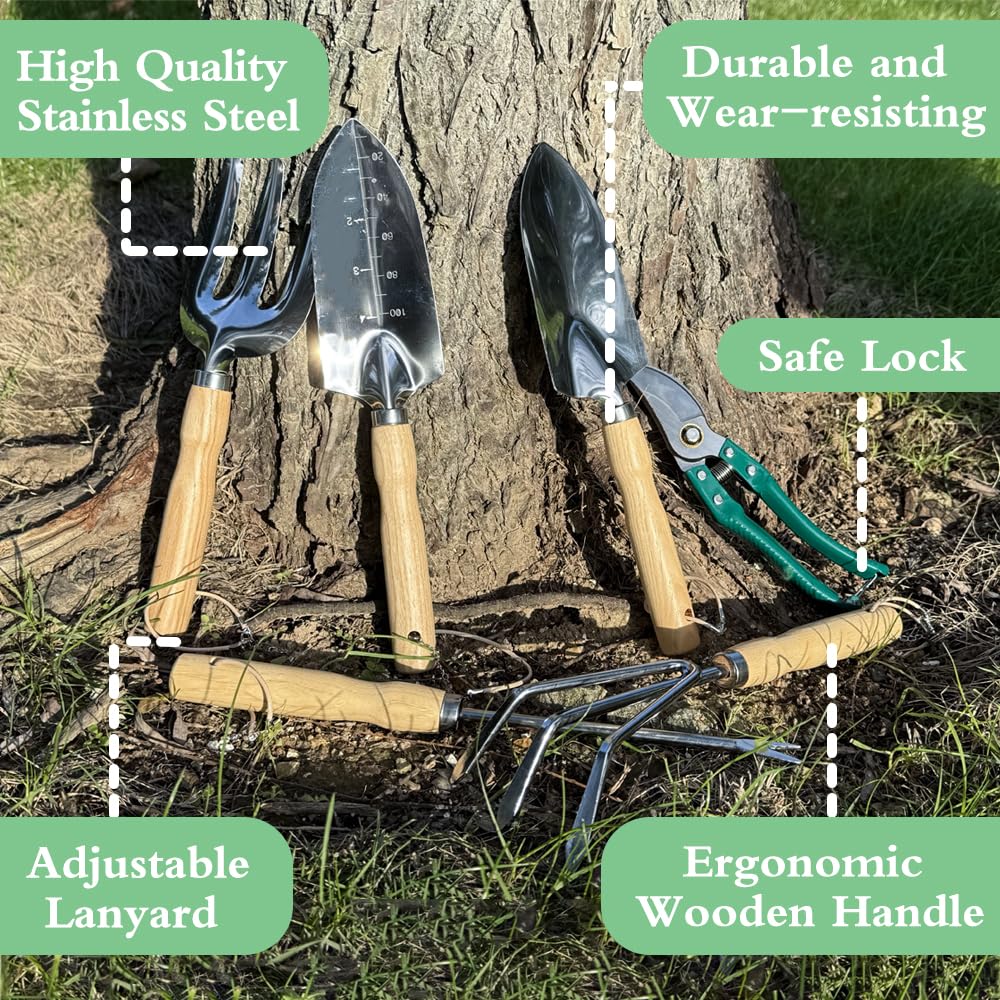 Juego de herramientas de jardín de 10 piezas, herramientas manuales de jardinería de acero inoxidable resistente con alfombrilla de trasplante y bolsas de cultivo, juego de herramientas de jardinería