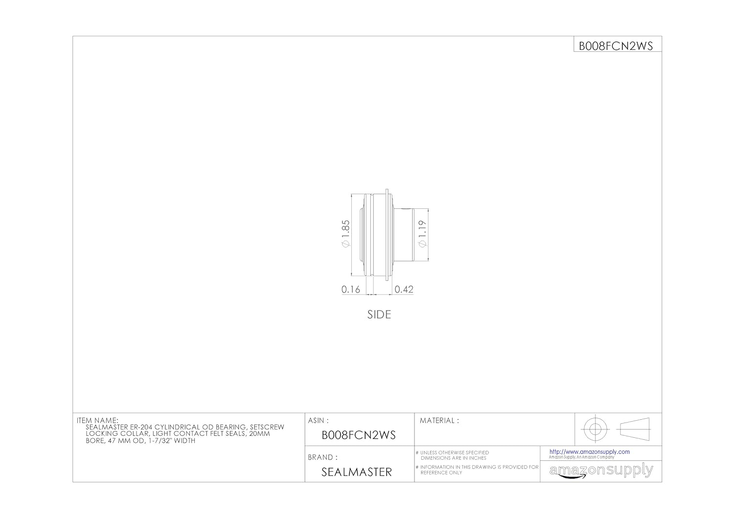Sealmaster ER-204 Cylindrical OD Bearing, Setscrew Locking Collar, Light Contact Felt Seals, 20mm Bore, 47 mm OD, 1-7/32" Width