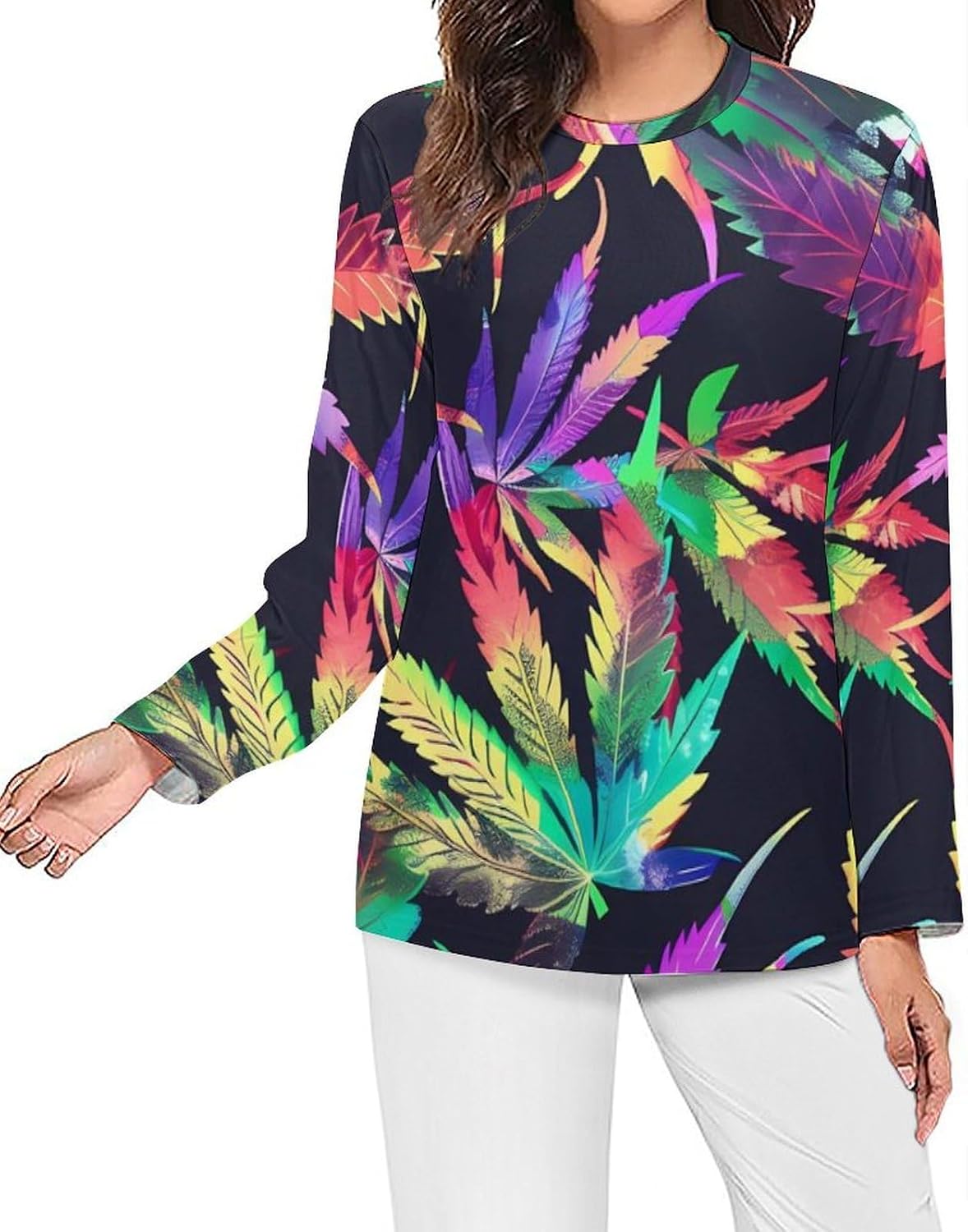 Psychedelic Weed Women's Pajama Top Sleepwear Pajamas Sleep T-Shirt Long Sleeve Shirt Crewneck Tee
