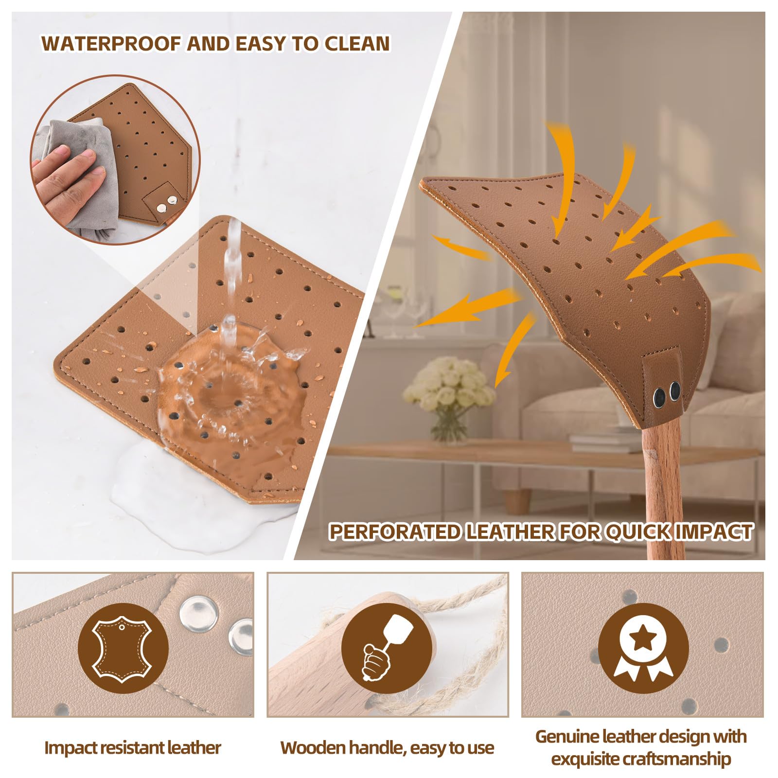 2 Tapettes à mouches en cuir, manche en bois solide, tapette anti-insectes pour intérieur et extérieur, anti-mouches et moustiques (Lot de 2 - Noir et marron)