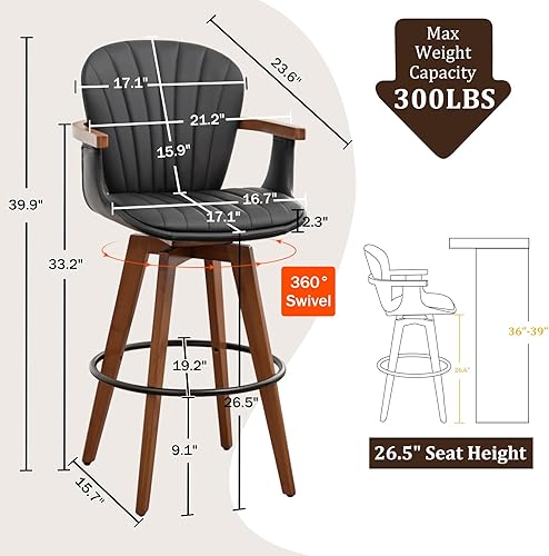 Miniatura 2 de LUNLING Juego de 2 taburetes de altura de mostrador de 26 pulgadas, taburetes de bar modernos de mediados de siglo, taburetes de cocina de piel