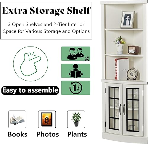 Miniatura 5 de AMERLIFE Armario de almacenamiento de esquina curva, estantería independiente de 65 pulgadas de alto con puertas de vidrio y estantes ajustables,