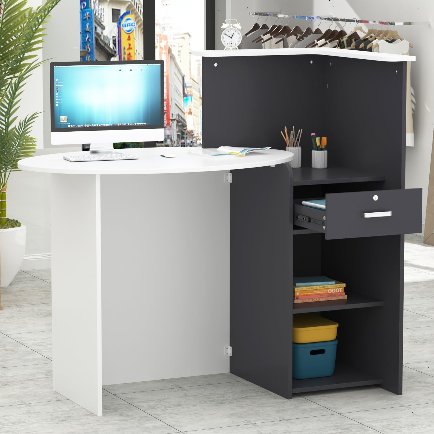 Banco reception,reception tavolo bancone, Banco reception con ripiano aperto e 1 cassetto con serratura, banco reception ufficio bancone, MDF, 40 x 121 x 110cm, Bianco, Grigio Scuro