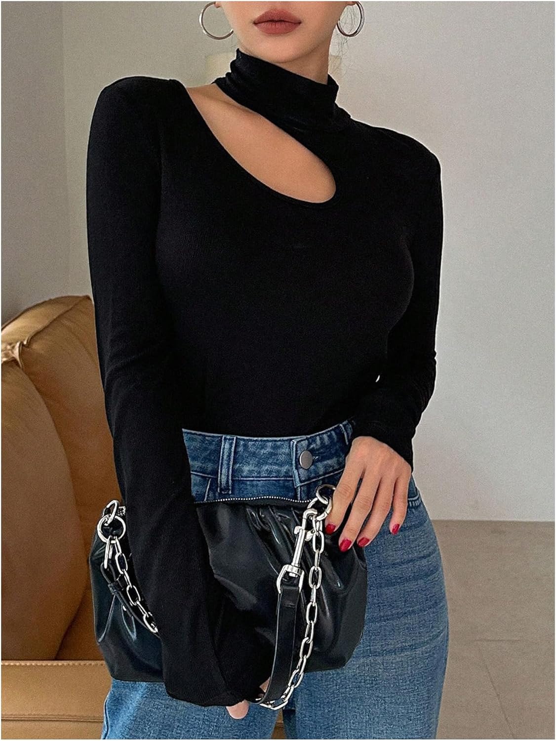 Floerns Women's Cut Out Asymmetrical Long Sleeve T Shirts Mock Neck Ribbed Tee Tops - Image 3