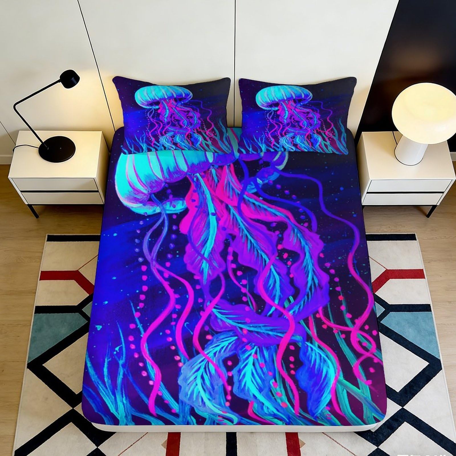 3D Printed Neon Jellyfish Fitted Sheet Microfiber Anti-Slip Mattress Cover for Bedroom Dorm Decorative Protection 90x200x25cm