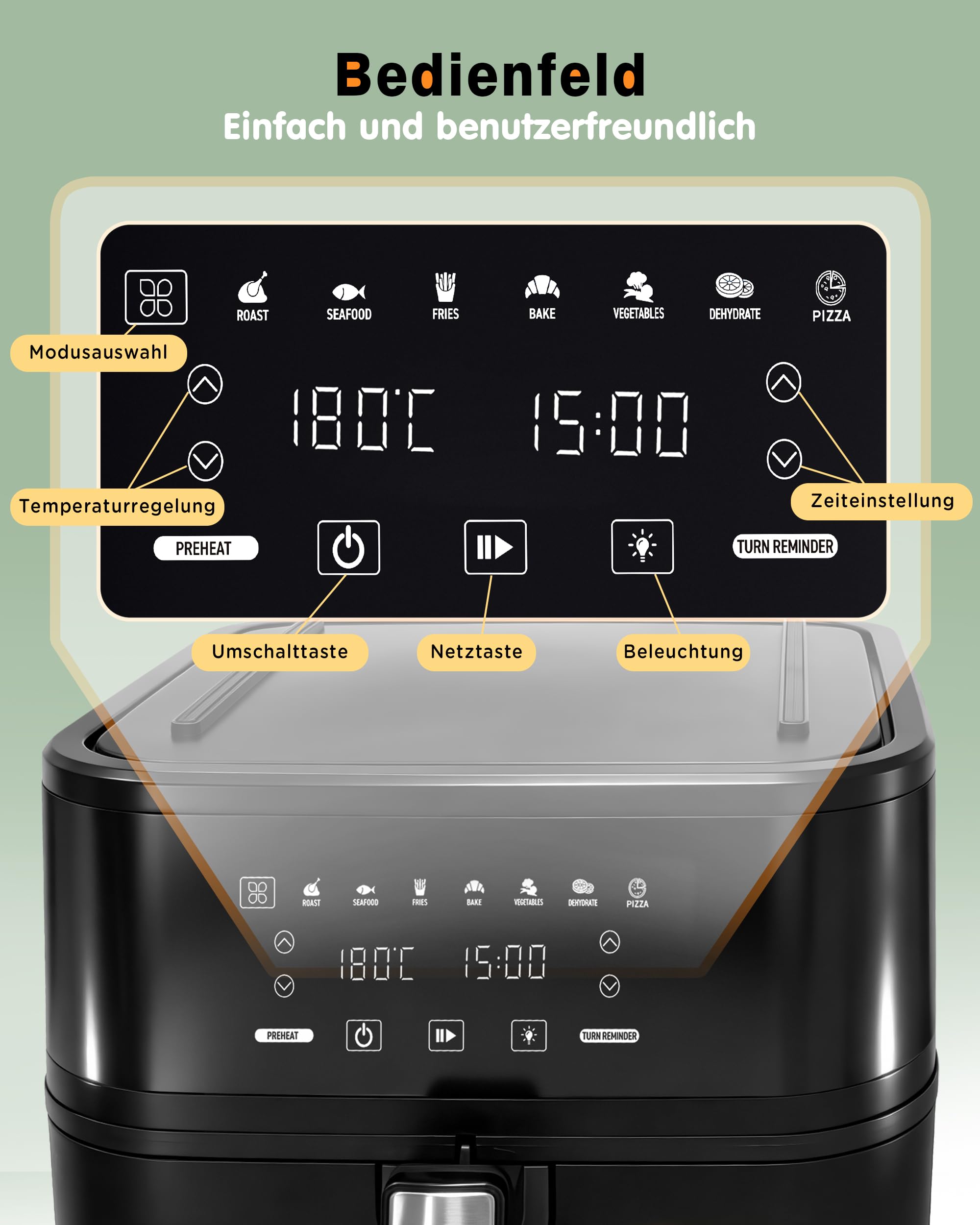 Heißluftfritteuse 8L Fassungsvermögen, 7 voreingestellte Kochprogramme, 2-in-1 Airfryer & Elektrogrill, Fettarmes Kochen ohne Öl, Digitaler Touchscreen, 1650W, Schwarz