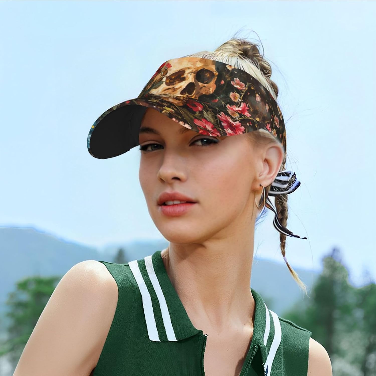 Floral Skull Print Sports Sun Visor Hats Adjustable Running Golf Tennis Sun Cap for Women Men Black