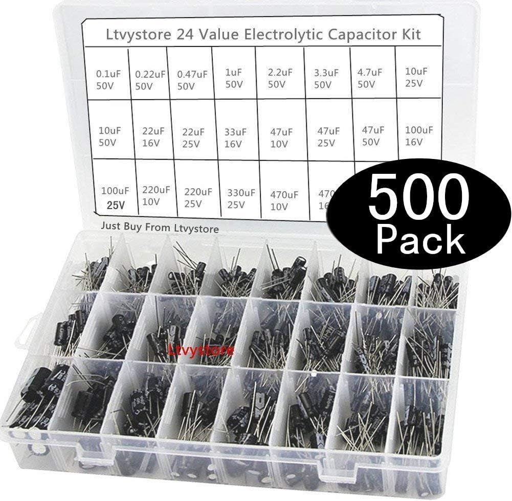 Ltvystore 24Value 500PCS 16V 25V 50V 0.1uF-1000uF Electrolytic Capacitor Assorted Assortment Box Kit Set Black for TV/ Car Audio/Projects/Repairing Power Supplies Ect (0.1uF-1000uF-500PACK)