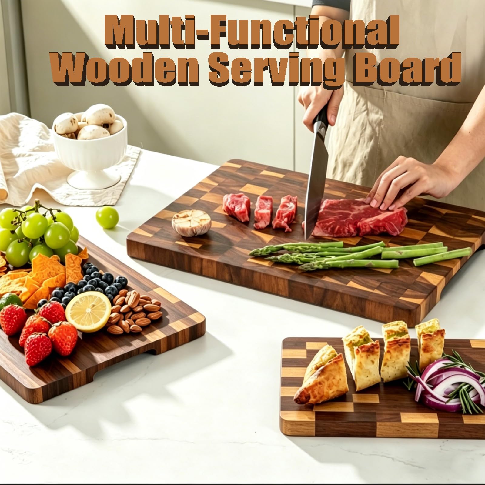 3 tablas de cortar de madera de acacia, tablas de cortar de madera para cocina, tabla de cortar de madera reversible, tabla de cortar de grano final, asas integradas, bandejas de madera para carne