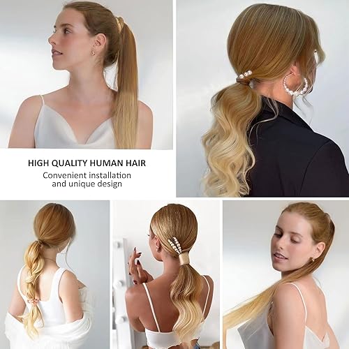 Miniatura 7 de Caliee Extensiones de cola de caballo de cabello humano para mujer, cola de caballo con clip, 18 pulgadas, 2.82oz, 1B, cabello humano real negro