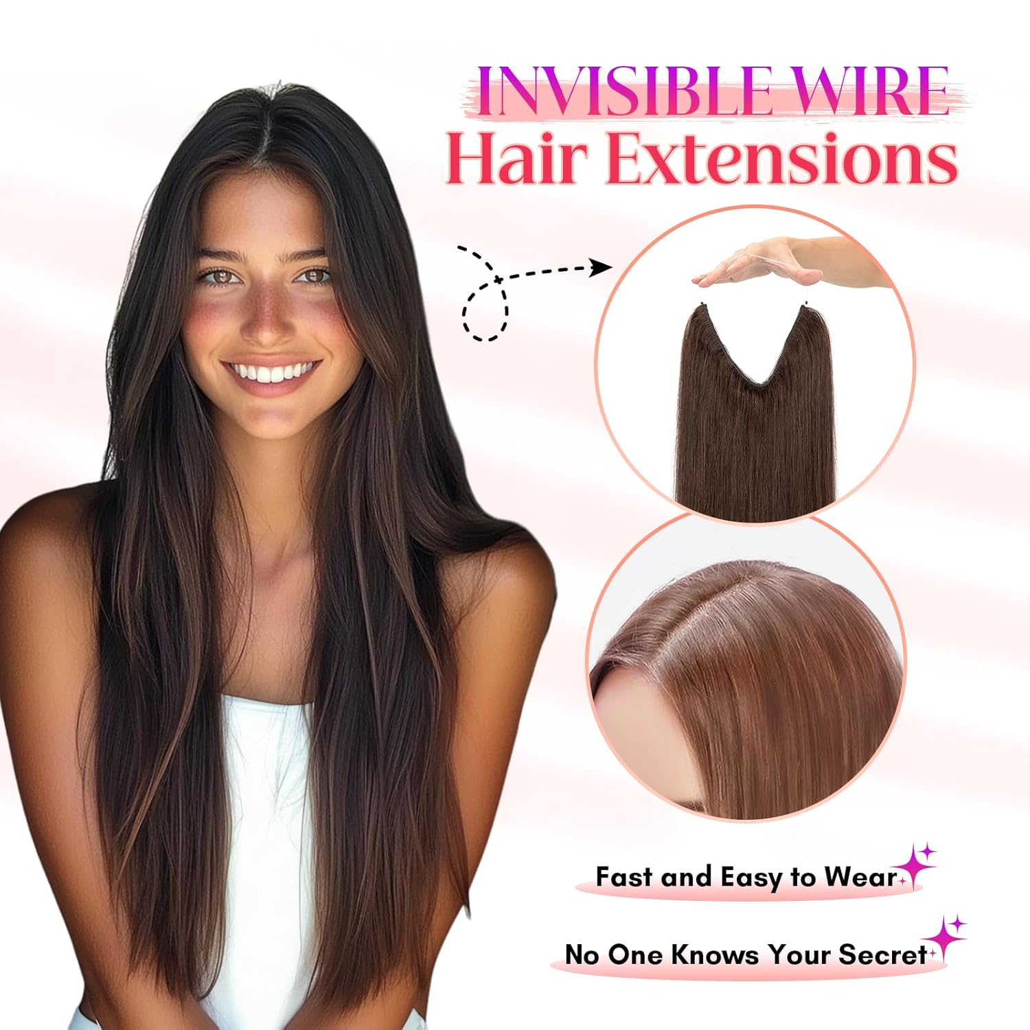 Rich Choices 100% Real Human Halo Hair Extensions for Women Remy Halo Extension Invisible Wire Hairpiece Clip in One Piece Hairpiece Upgrade Adds Weight 65g 12 Inch #02 Dark Brown