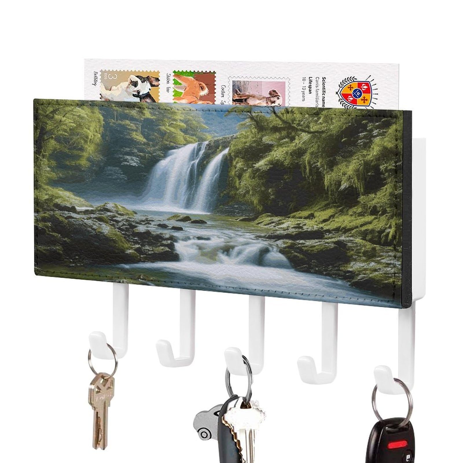 LDGSUPH Waterfall Landscape Painting Key Holder Wall Mount Key Hanger with 5 Hooks Fashion Key Organizer Rack Hanging Key Hooks with Mail Organizer Key Rack for Home Entryway Hallway White-Style