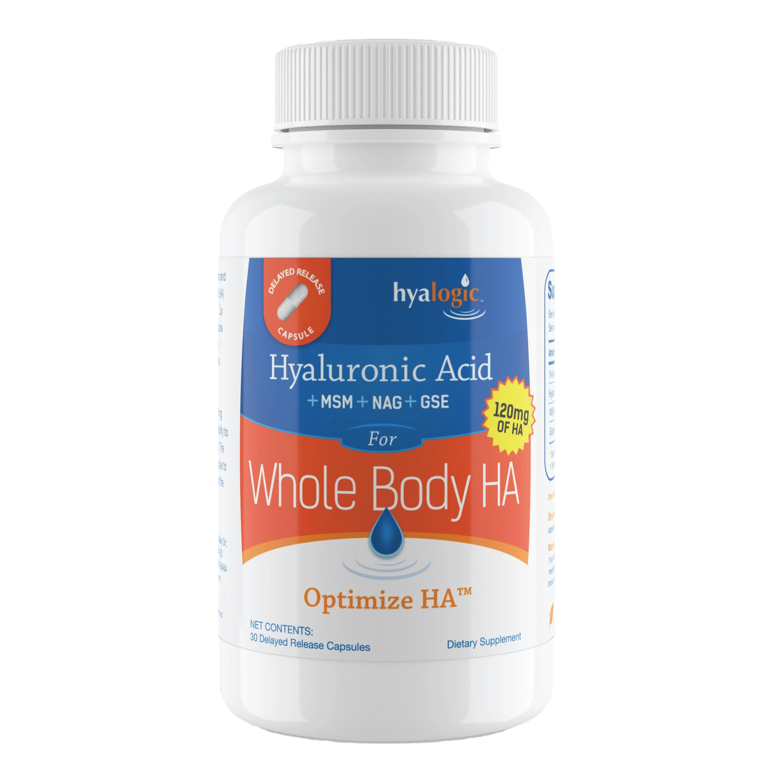 Hyalogic Hyaluronic Acid 120 mg Delayed Release Capsules | Combo Formula w/Glucosamine MSM | Support Healthy Eyes and Skin and Overall Body | Promote Healthy Skin | Non-GMO (30 Count)