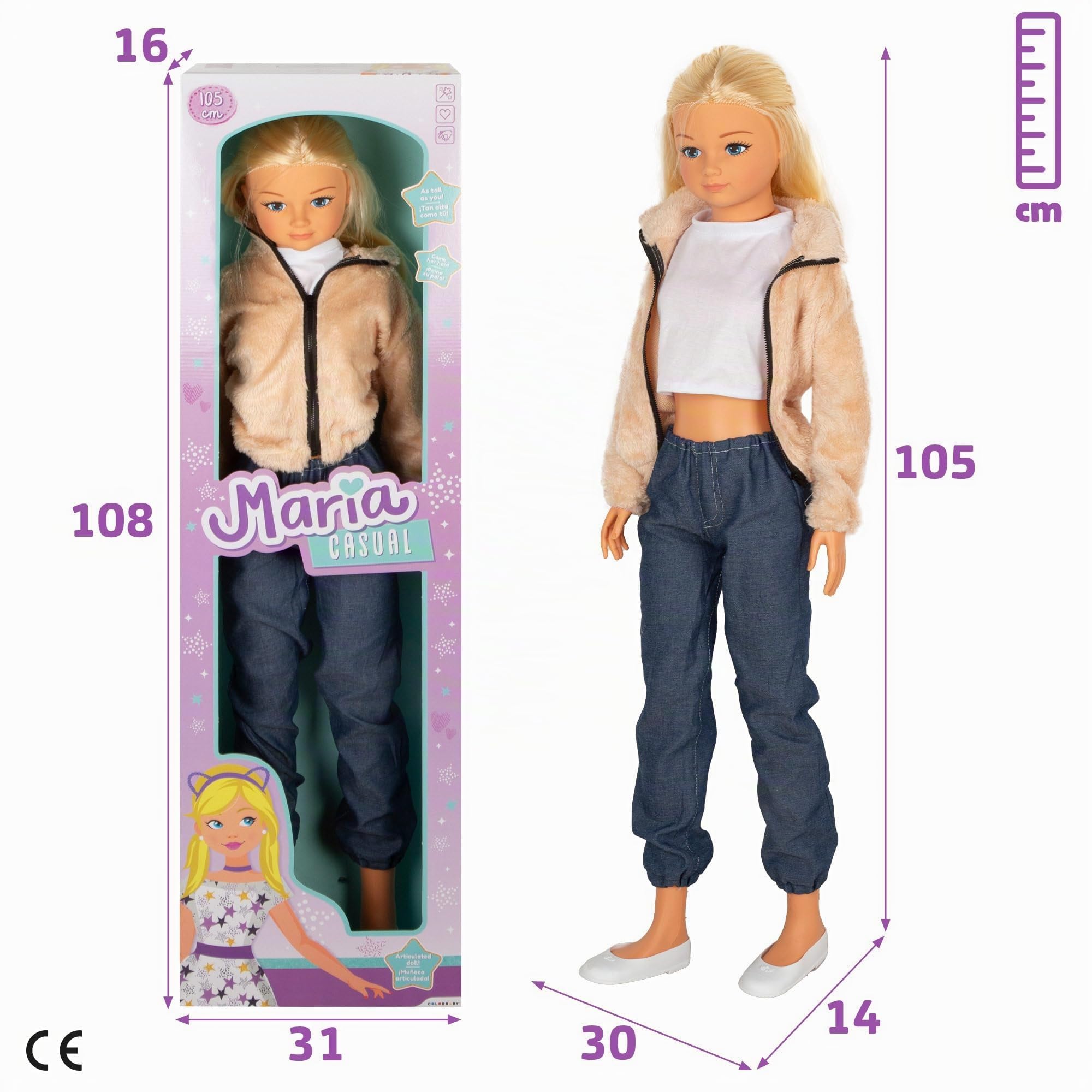 ColorBaby Maria Casual 39653 Grande poupée Jupe, Accessoires Inclus, poupées à coiffer, Jeux de rôle, Jouets pour Enfants de Plus de 3 Ans