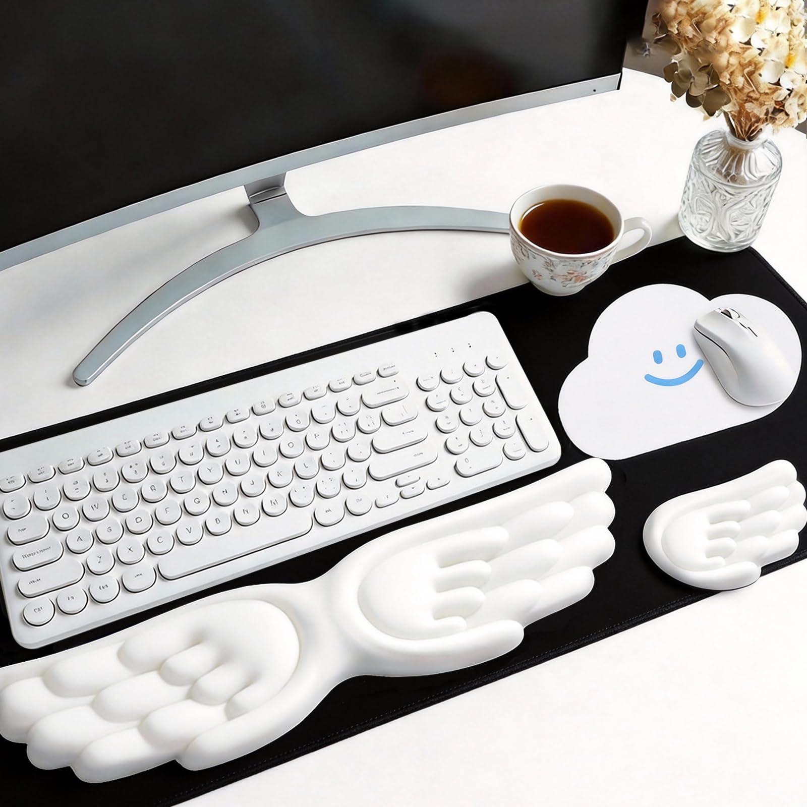 3PCS Angel Wings Keyboard Wrist Rest,Mouse Hand Support,Cloud Mouse Pad Set