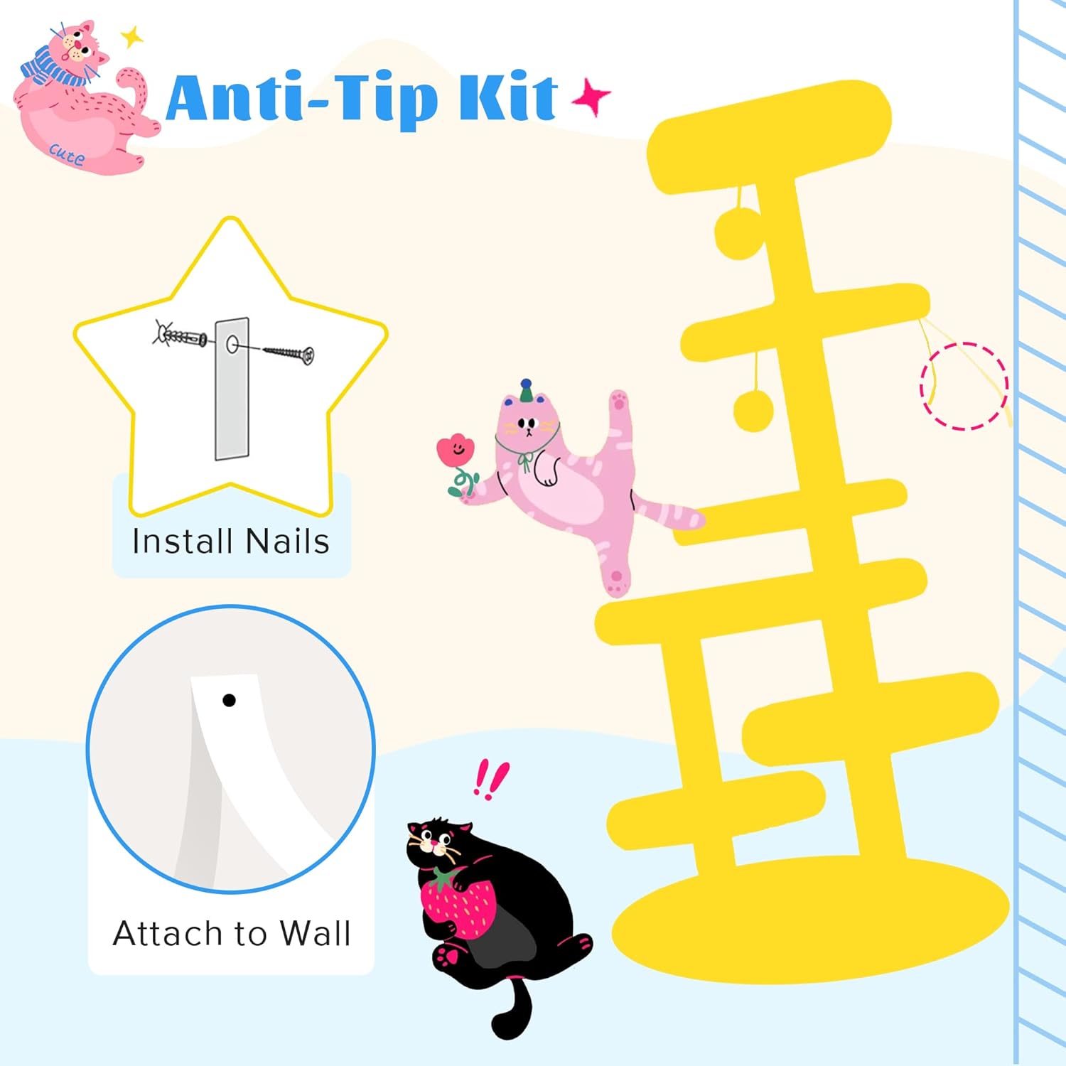 SHA CERLIN 61.5in Cat Tree Tower, Multi-Level Activity Center with Cozy Perch, Star-Shaped Platform, Moon Jumping Board, Sisal Scratching Posts, Hanging Toy Balls for Indoor Feline, Black and White