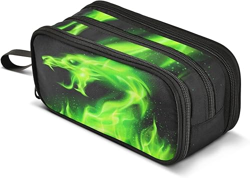 Estuche para lápices de dragón de fuego verde, bolsa de gran capacidad con compartimento, organizador de artículos de papelería para estudiantes,