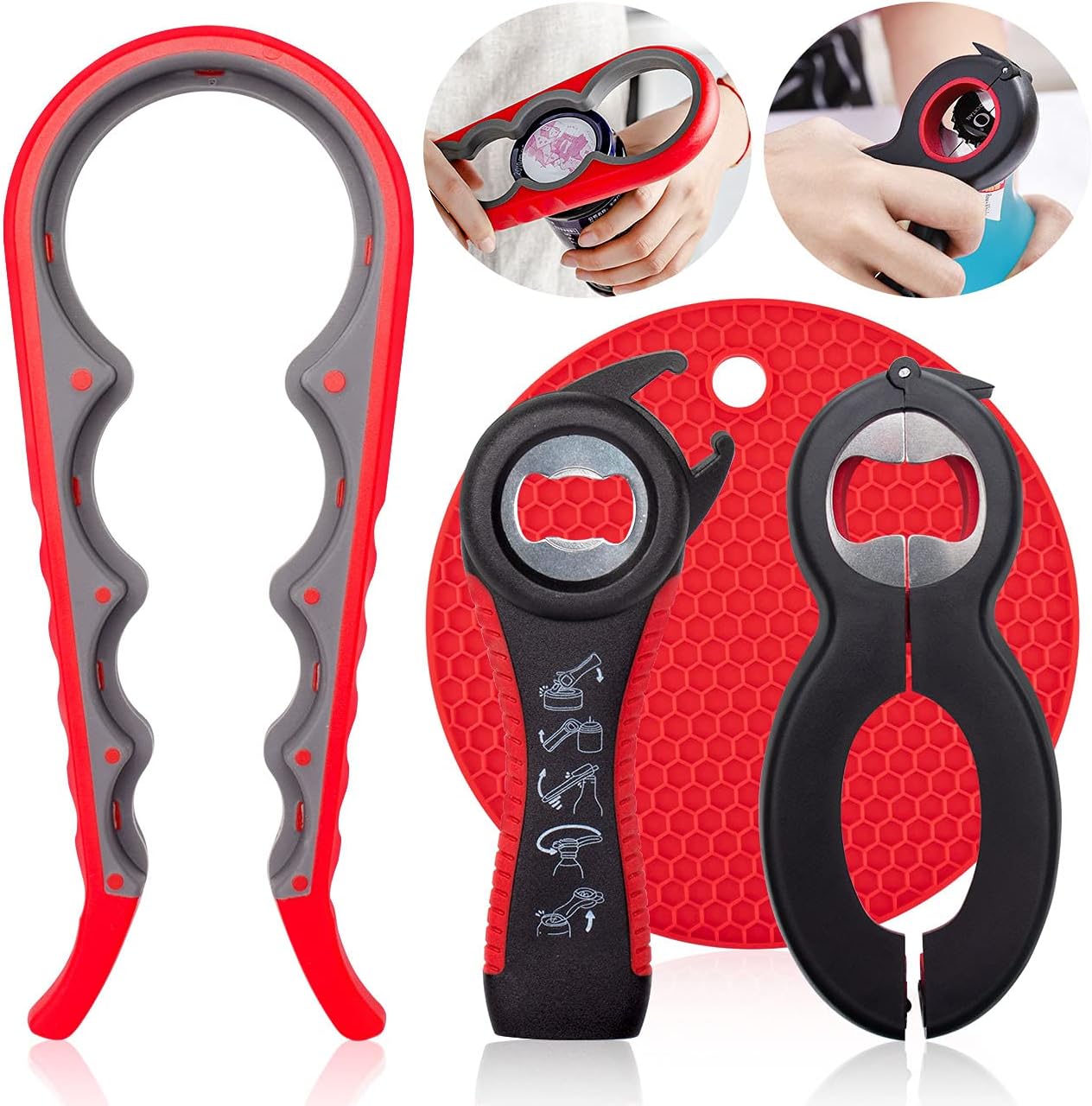 Jar Bottle Opener Non Slip Jar Gripper - Pad Rubber Jar Can Lid Opener,5 in 1 Multi Function Non-Slip Opener for Weak,Senior, Arthritis Hands (4-piece set)