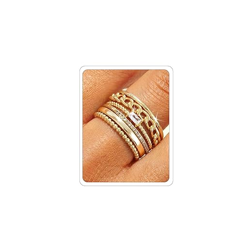FIBO STEEL 6PCS Stackable Rings for Women Non Tarnish Waterproof Gold Plated Silver Color Square Cubic Zirconia Ring Set Dainty Stacking Rings Trendy Thin Thumb Band Statement Ring Stack Size 5-11