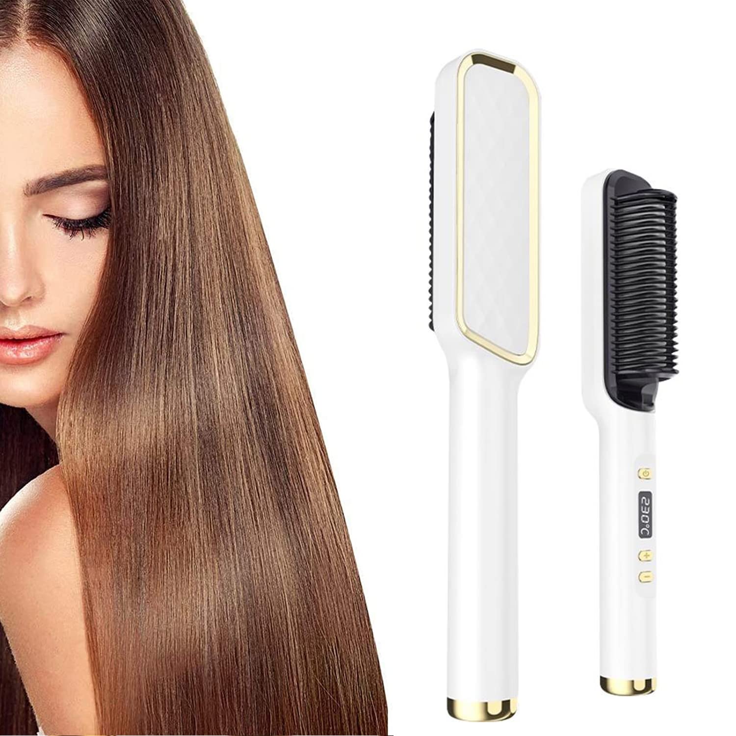 3 in 1 Professional Electric Straightening Brush, Premium PTC Ceramic Fast Heating Styling Curler with LCD Screen Temperature Control, Straight Hair Curling Styling Tool, Curler (White)