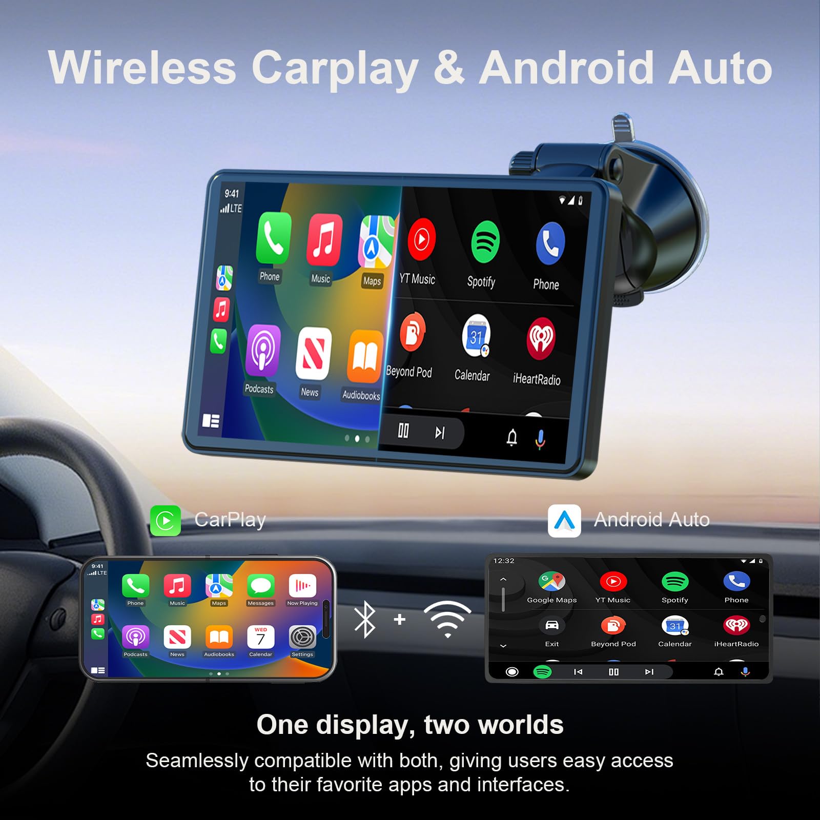 7" Portable Apple Car Play Screen for Vehicle, Wireless Android Auto & Apple Carplay Screen for Car with Backup Camera, Bluetooth, GPS Navigation, Voice Control, Mirror Link, FM, AUX - 3