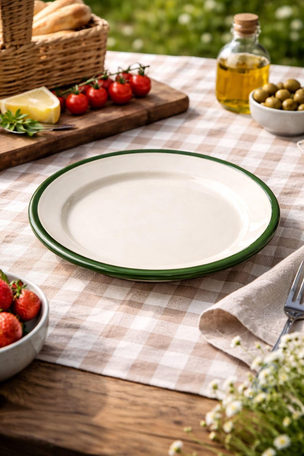 4'lü Emaye Servis Tabağı Seti - 25 cm Krem Renkli Yeşil Kenarlı Yemek Tabağı Takımı - Retro Nostaljik Tasarım, Dayanıklı ve Sağlıklı Mutfak Gereçleri - Kamp ve Ev Kullanımına Uygun