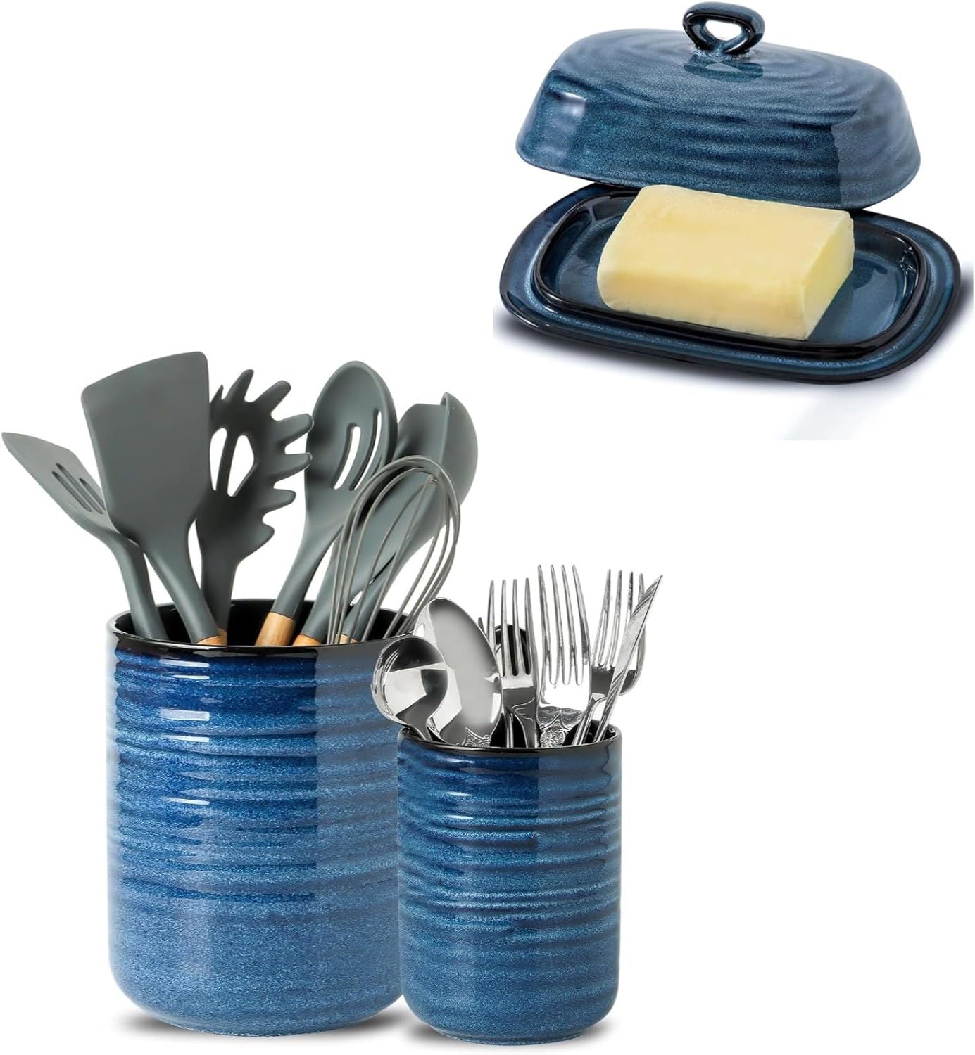 Hasense Ceramic Kitchen Utensil Holder and Butter Dish Set