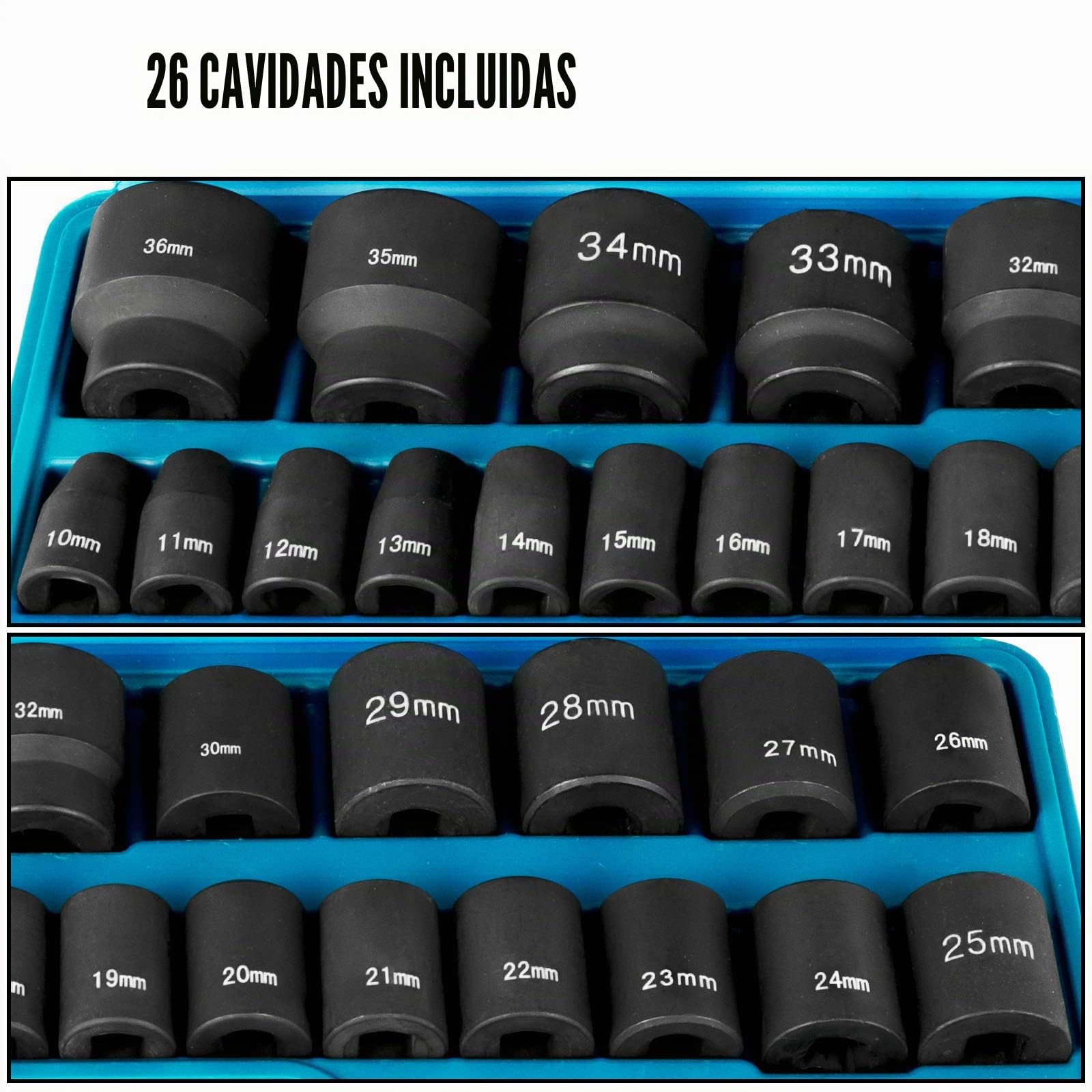 VEVOR Juego de vasos de impacto de 1/2", 26 piezas, vasos de impacto poco profundos de 10-36 mm, acero de aleación CR-V de 6 puntos, con estuche de transporte, para reparación de automóviles