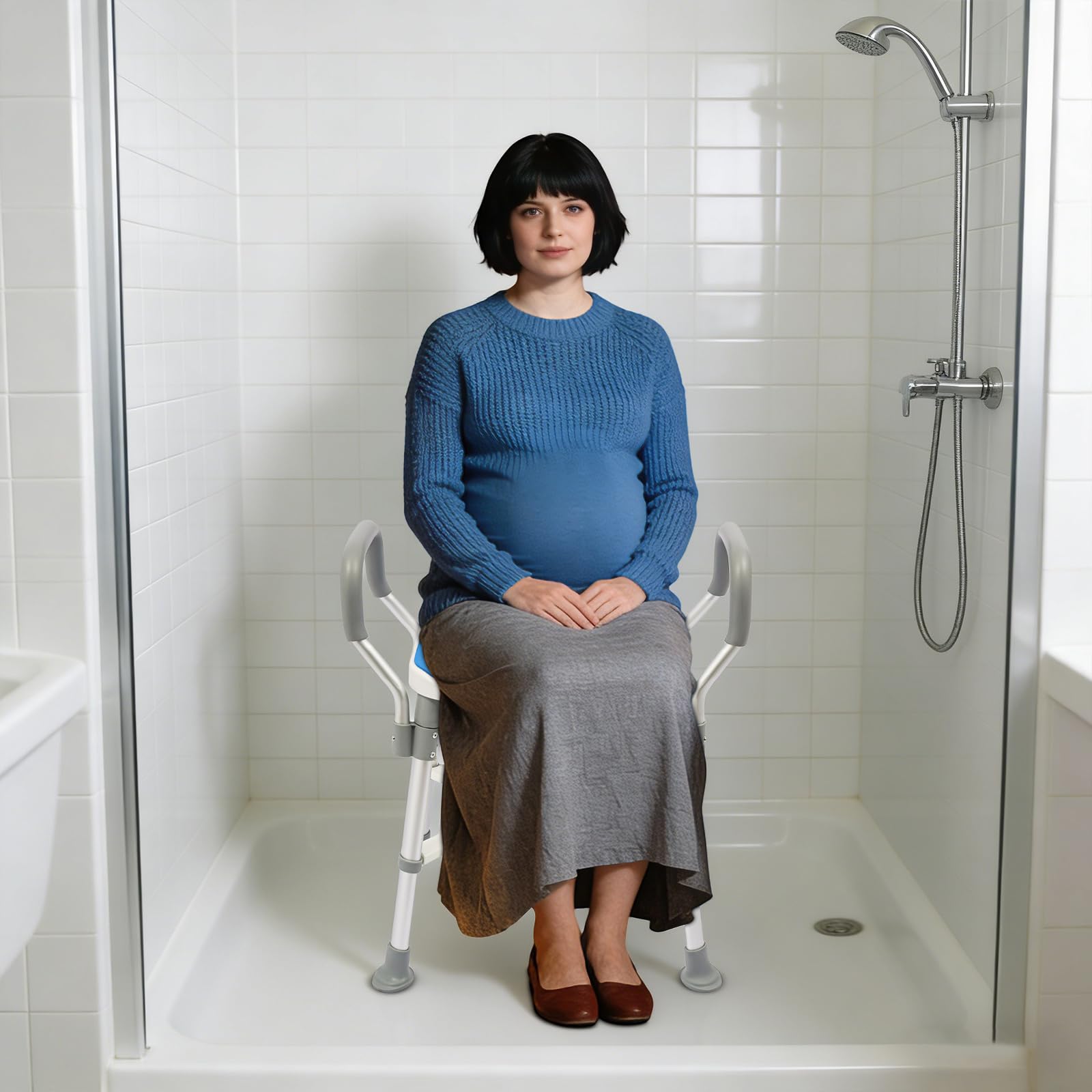 Silla de ducha con reposabrazos y respaldo de aleación de aluminio, 150 kg, taburete de baño con recorte higiénico, 6 niveles de altura ajustable de 15,1 a 19 pulgadas, taburete de ducha con respaldo