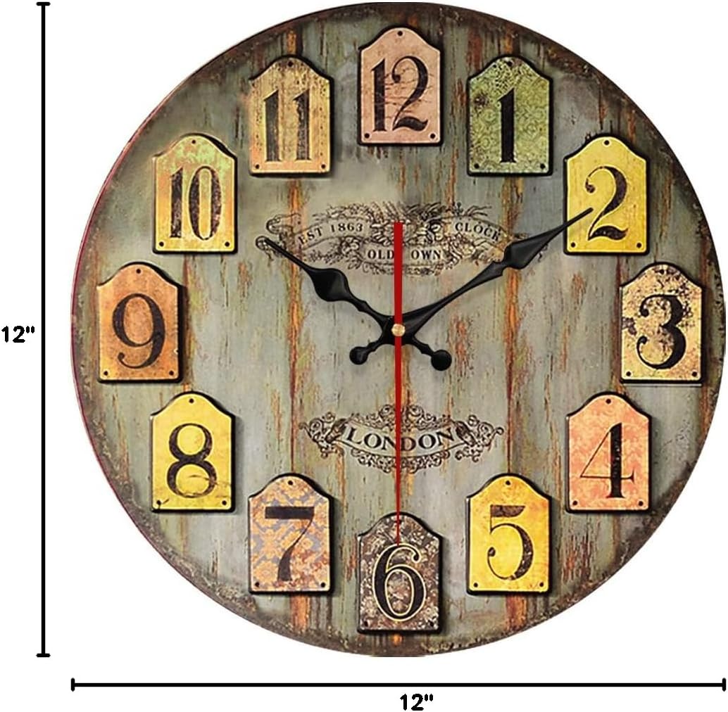Yeyo 12inch Wooden Wall Clock Vintage European Style MDF Battery Operated Wall Clock Art Decor for Home Living Room Bedroom Office Decoration(Style 2)